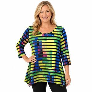 Pleats Collection Tunic Blouse Womens M Multicolor Scoop Neck 3/4 Sleeve